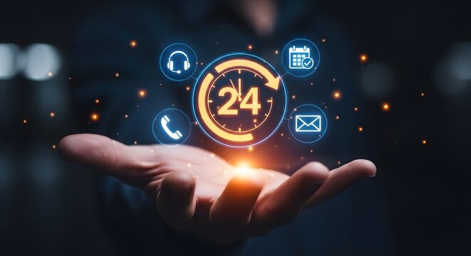 Customer service 24 hour support with digital icons floating above open hand