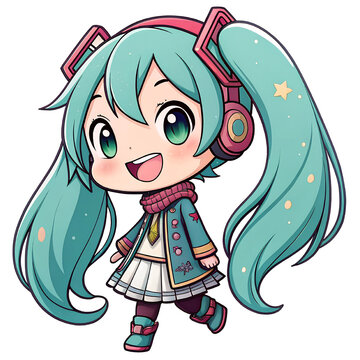 Chibi Hatsune Miku Character with Teal Hair and Headphones Illustration