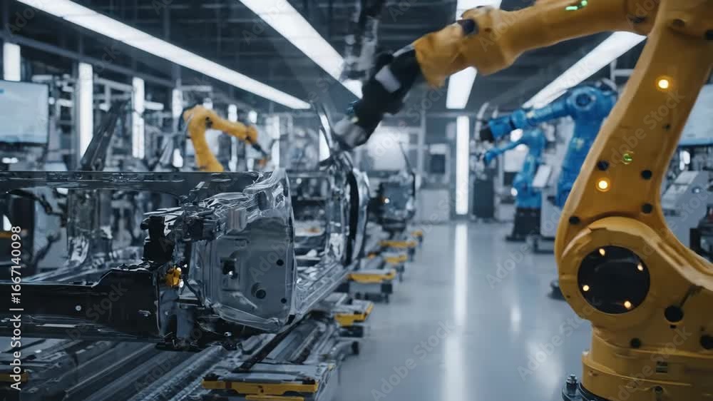 Poster robotic arm assembling car chassis in modern factory - a close-up shot of a yellow robotic arm preci