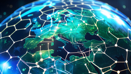 Holographic earth map with hexagonal network overlay