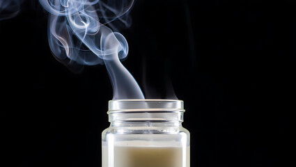 A glass jar filled with a white liquid emits ethereal wisps of smoke that curl and swirl against a stark black background, creating a mysterious and abstract visual