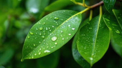 Lush green leaves are covered with glistening droplets of water after a refreshing rain in a vibrant garden, showcasing natures beauty in the afternoon light.