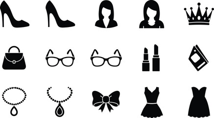 Fashion and beauty icons, clothing silhouettes, accessories symbols, makeup items, jewelry designs, hairstyle avatars, dress illustrations, handbag graphics, style elements, glamour collection