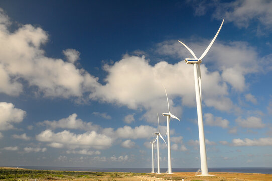 Wind turbines on a serene Curacao landscape under a bright blue sky