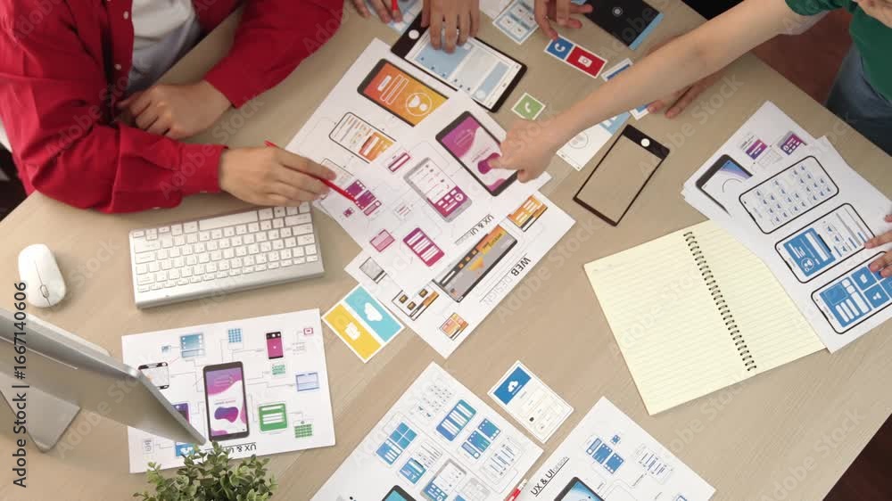 Poster top view panorama video of startup company employee planning on user interface prototype for mobile 