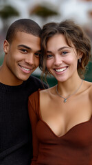 Couple in cozy sweaters smiling together in natural light outdoors