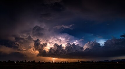 Fototapeta premium Dark clouds gather as a powerful storm approaches. Bright flashes of lightning cut through the sky, illuminating the surroundings at dusk. The scene is dramatic yet serene.