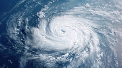A massive hurricane spins in the deep blue ocean, showcasing swirling clouds and intense weather activity. The view captures the storm's eye and surrounding cloud formations.