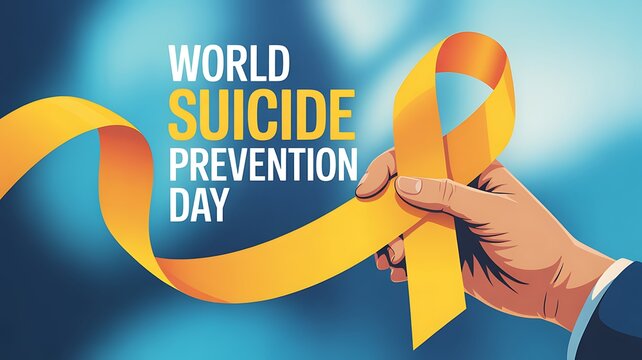 World suicide prevention day, a hand holds a yellow ribbon symbolizing hope and mental health awareness