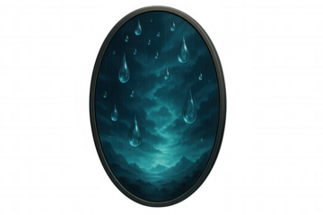 Big transparent raindrops falling from dark clouds on a gloomy landscape, in an oval frame, with transparent background