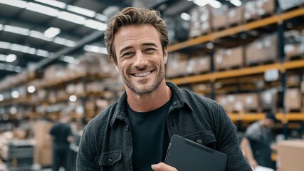Happy man, warehouse manager or business owner, holding a tablet Confidence and positive attitude. Smiling warehouse worker against the background of shelves with boxes. Successful business, logistics