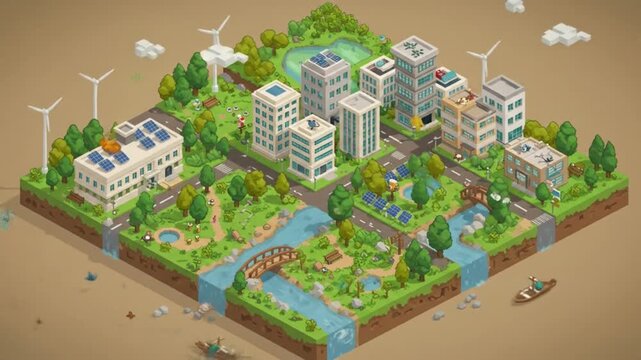 Isometric view of a sustainable city with wind turbines and solar panels on buildings and boats