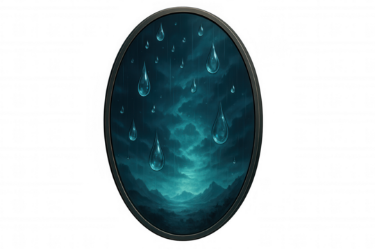 Big transparent raindrops falling from dark clouds on a gloomy landscape, in an oval frame, with transparent background