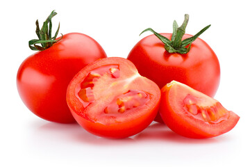 Ripe juicy red tomatoes vegetable with cut isolated on white background