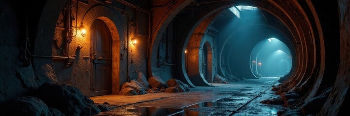 Dimly lit metallic chamber; intricate, corroded details, texture, photography