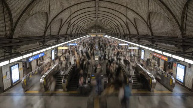 Rush Hour Commute in Underground Metro Station - A timelapse video captures the bustling activity of commuters moving through a historic underground metro station.