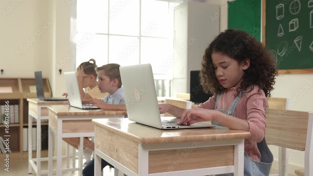 Aufkleber american girl learning about coding engineering prompt while diverse students sitting at stem techno
