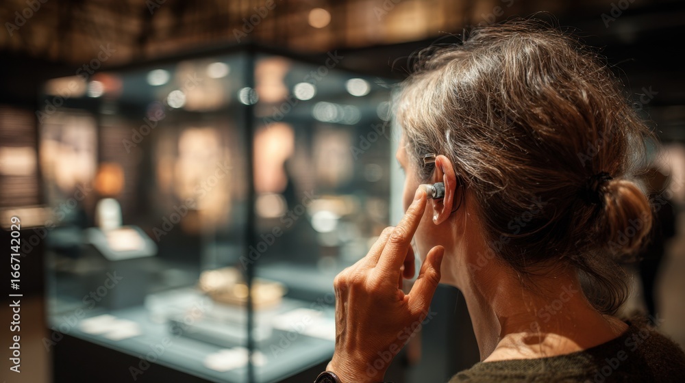 Poster medium shot of a person using a hearing aid engaging in a museum interactive exhibit with surroundin