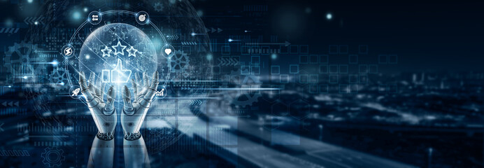 Hand of robot holding a customer satisfaction icon on global network connection, feedback analysis, quality improvement, service monitoring, experience optimization, loyalty tracking