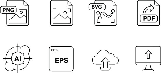 Minimalist file format icons, PNG JPG SVG PDF EPS AI cloud upload, black and white vector set for digital interface