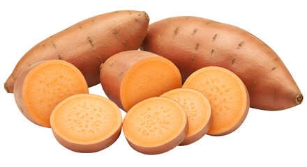 A group of sweet potatoes with some sliced and others whole on a black plain background studio shot isolated on transparent white background]