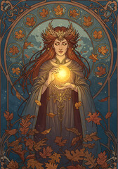 Obraz premium Mystical woman with autumn crown holds glowing orb, surrounded by falling leaves and zodiac symbols in a richly detailed fantasy scene.