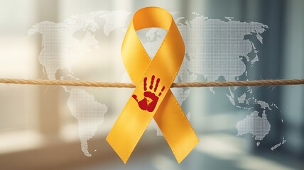 World suicide prevention day awareness campaign with yellow ribbon and handprint symbol on world map background, promoting hope and support for mental health