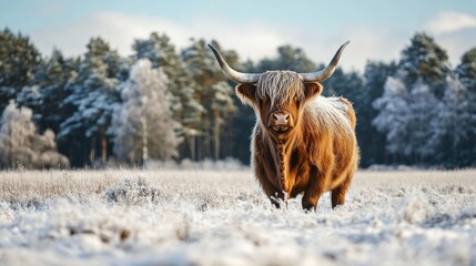 Majestic highland cow in snowy field surrounded by forest on a bright winter day