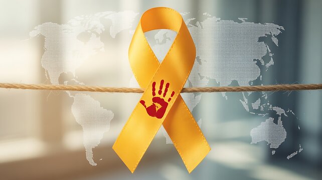 World suicide prevention day awareness campaign with yellow ribbon and handprint symbol on world map background, promoting hope and support for mental health