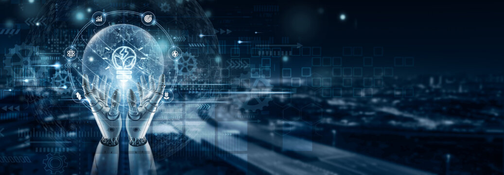 Hand of robot holding energy technology on global network connection, smart grids, renewable energy management, energy storage, predictive maintenance, sustainable solutions, IoT-enabled monitoring