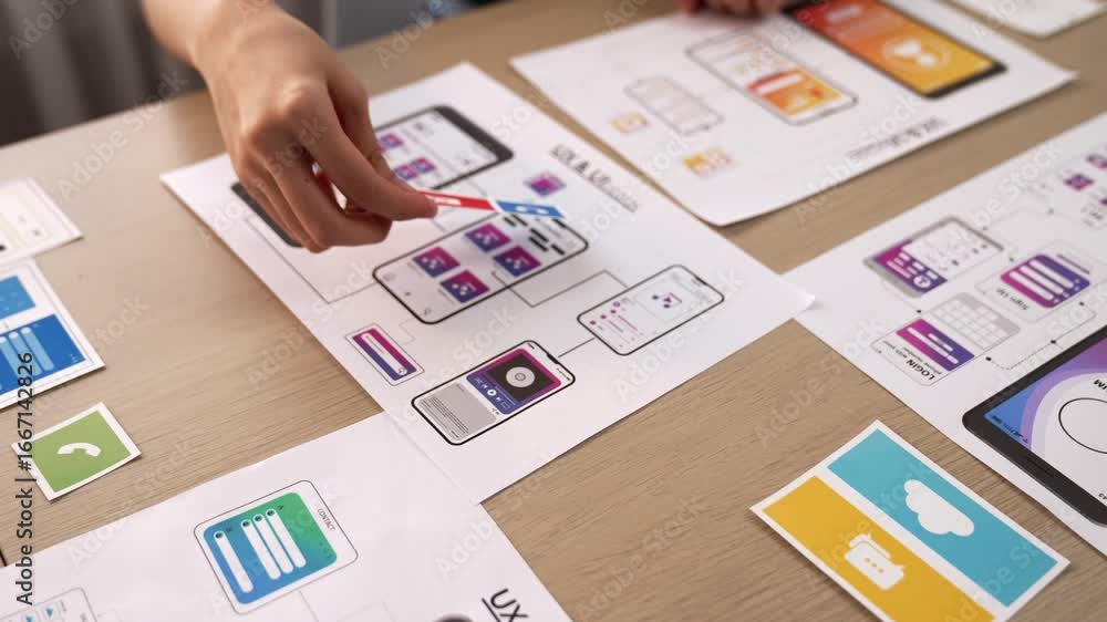 Poster panorama video of startup company employee planning on user interface prototype for mobile applicati