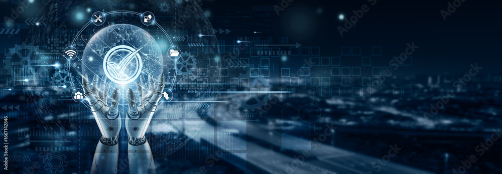 Poster hand of robot holding identity and access management on global network connection, cybersecurity, us