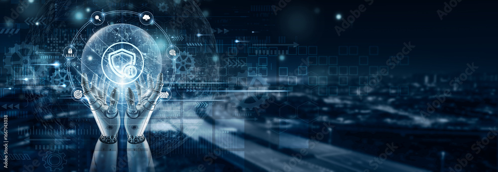 Aufkleber hand of robot holding information security on global network connection, cyber defense, data encrypt