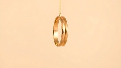 Three golden wedding bands suspended vertically against a soft beige backdrop.