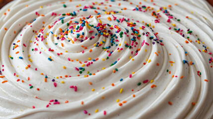 Close Up of Swirled White Frosting with Colorful Sprinkles