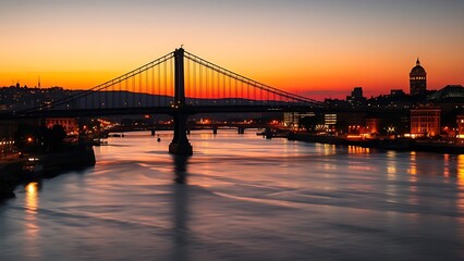 Fototapeta premium Silhouetted suspension bridge at dusk with city lights