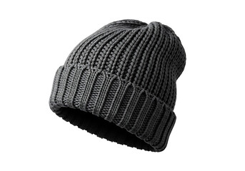 A stylish, gray knitted beanie presented against a black backdrop, highlighting its textured knit and simple design.