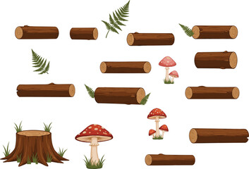 Cartoon forest logs with green ferns, red and pink mushrooms, and tree stum