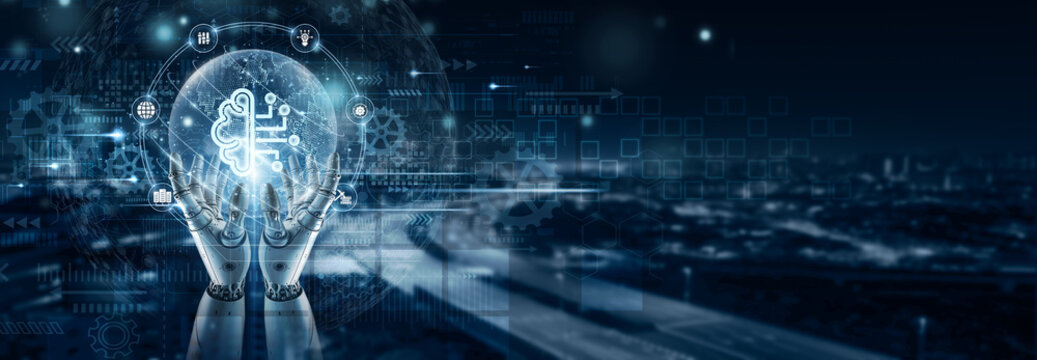 Hand of robot holding machine learning model on global network connection, predictive analytics, data training, AI optimization, intelligent decision-making, automated algorithms, digital innovation