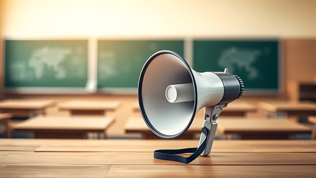 A megaphone sits on a wooden surface, with a softly blurred classroom in the background.