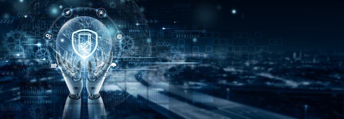 Hand of robot holding mobile security shield on global network connection, encryption protocols, cyber protection, data privacy, secure authentication, malware prevention, digital safety solutions