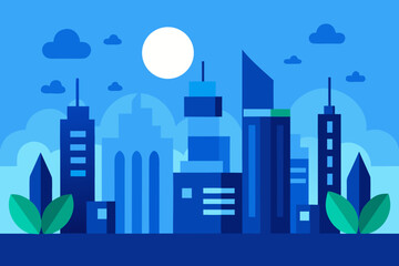 Modern cityscape with skyscrapers and clouds under a bright full moon