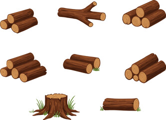 Cartoon forest logs and tree stump with grass isolated on white background vector clipart collection for nature and woodland design