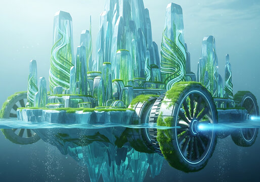 Futuristic floating city with crystalline towers and solar vines hovers above water, blending advanced technology with nature in a sci-fi vision.