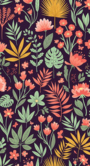 Fototapeta premium Colorful botanical pattern with stylized tropical flowers and leaves on a dark background, highlighting vibrant contrast and decorative design.