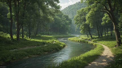 Calm River Meandering Through Lush Green Forest