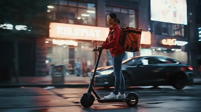 Courier driving a scooter in the city . Online delivery service concept animation