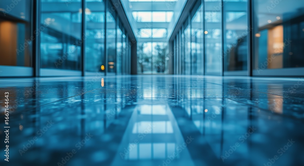 Poster reflections on a glossy floor in a modern building corridor during daytime