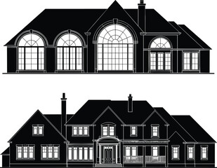 Detailed black and white vector illustration of luxurious residential houses with large arched windows, chimneys, porches, and intricate architectural elements in line art style