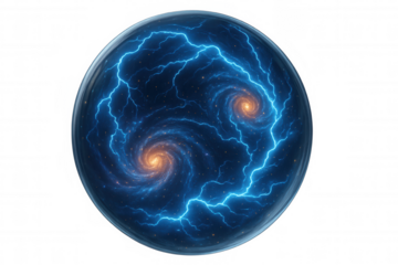 Two swirling galaxies emitting orange and blue light rotate within a transparent sphere, with blue electric arcs, creating a futuristic energy source